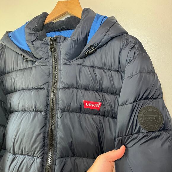 Levi's Men's Full Zip Winter Hooded Puffer Jacket Coat Navy Blue Size Large - Picture 10 of 10